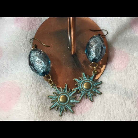 SOLD! Verdigris Sun Dangle Earrings - Picture 2 of 6